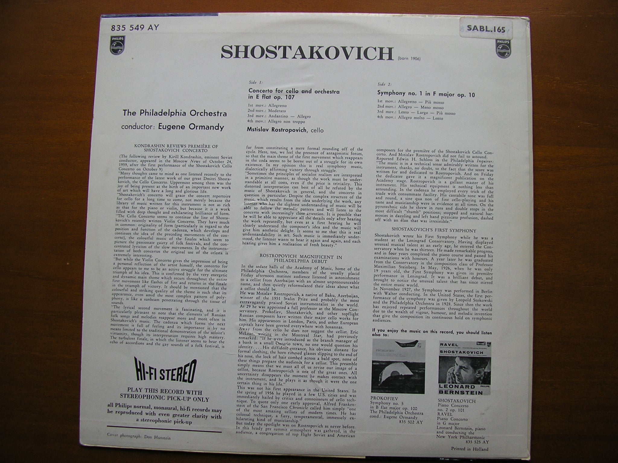 SHOSTAKOVICH: CELLO CONCERTO No. 1 / SYMPHONY No. 1    ROSTROPOVICH / PHILADELPHIA / ORMANDY     SABL 165