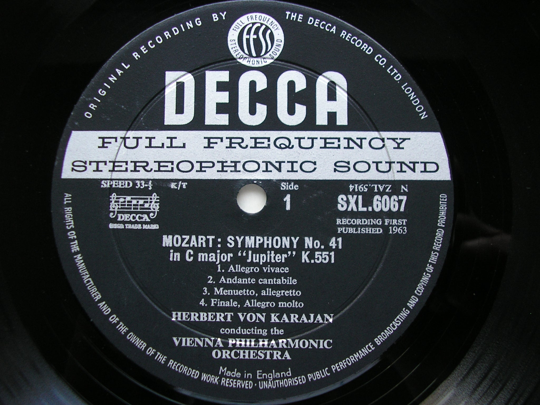 SXL 6067  MOZART: SYMPHONY No. 41 / HAYDN: SYMPHONY No. 103      KARAJAN / VIENNA PHILHARMONIC      ED1