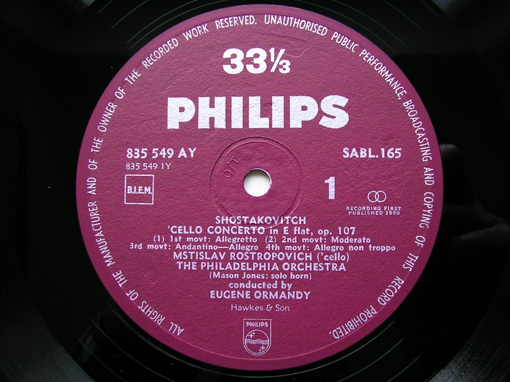 SHOSTAKOVICH: CELLO CONCERTO No. 1 / SYMPHONY No. 1    ROSTROPOVICH / PHILADELPHIA / ORMANDY     SABL 165