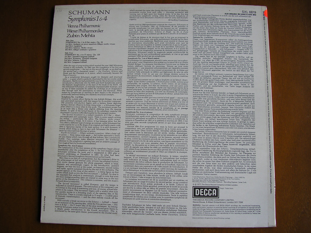 SXL 6819 SCHUMANN: SYMPHONIES Nos. 1 & 4 MEHTA / VIENNA PHILHARMONIC test pressing