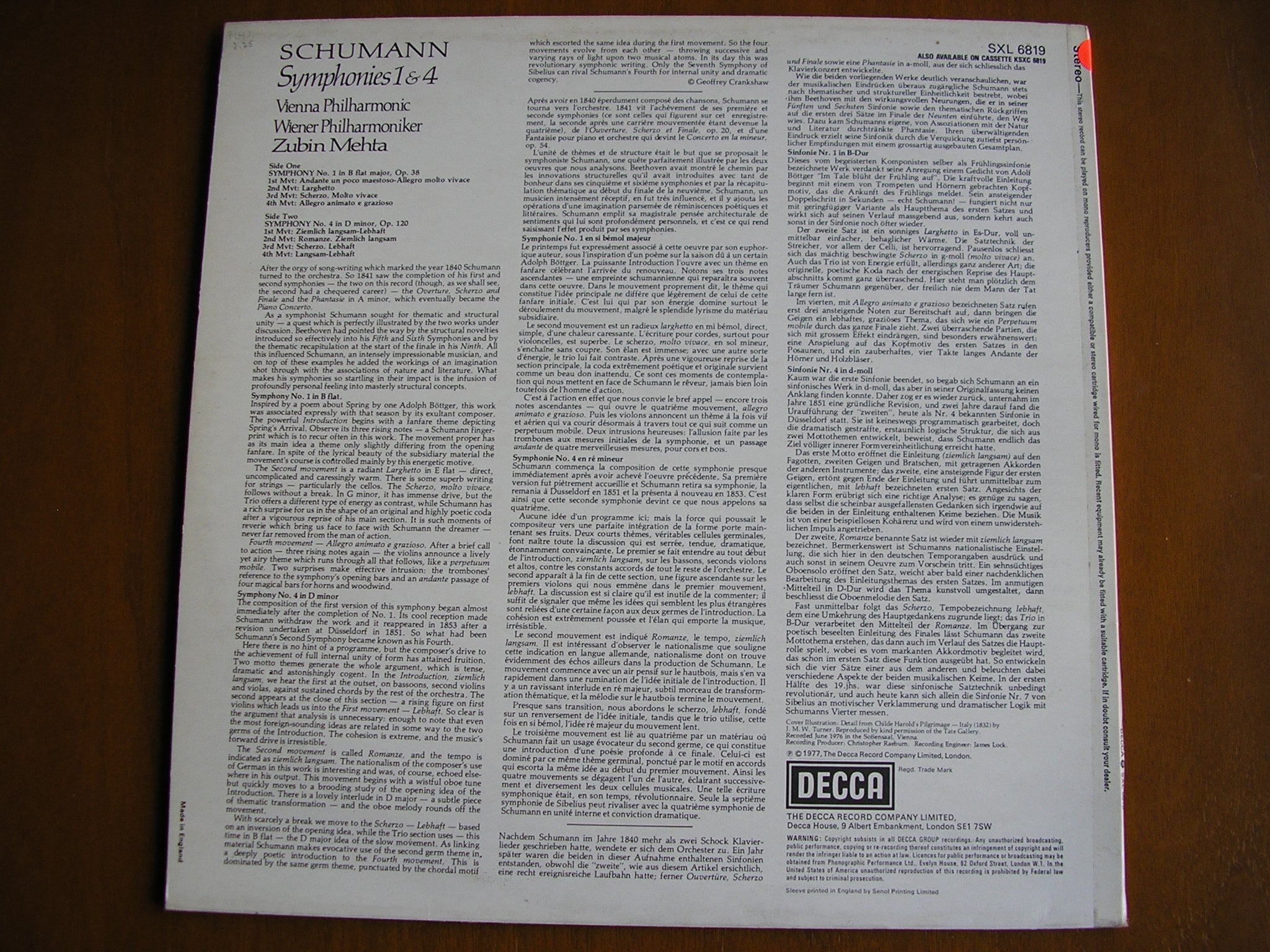 SXL 6819 SCHUMANN: SYMPHONIES Nos. 1 & 4 MEHTA / VIENNA PHILHARMONIC test pressing