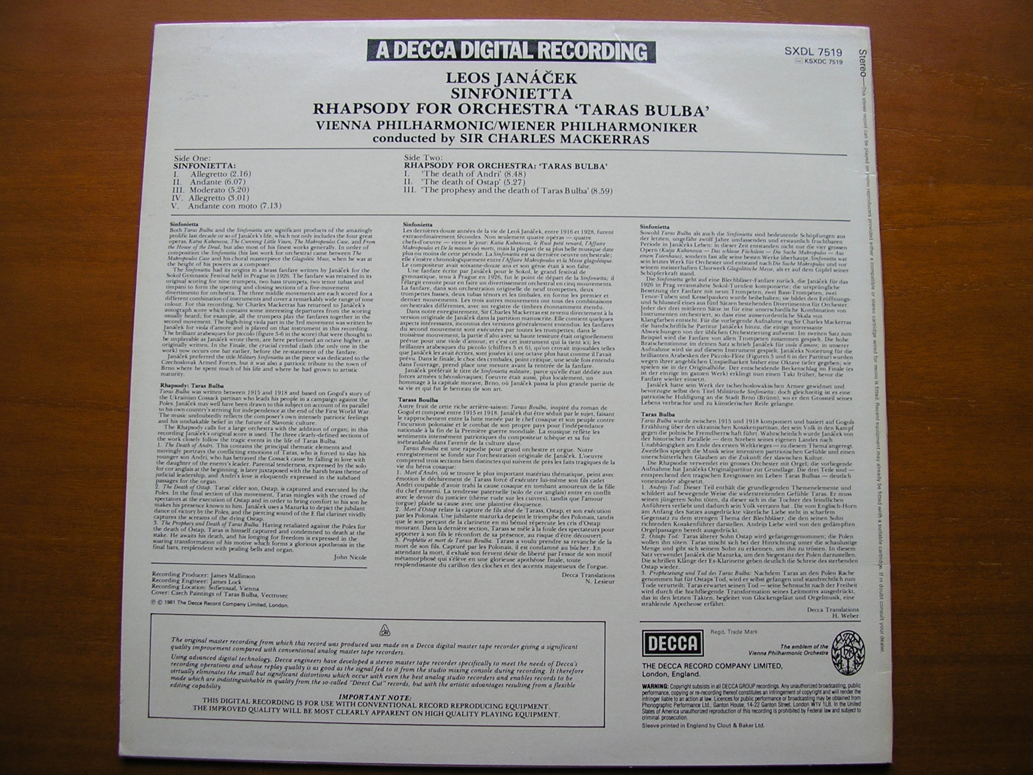JANACEK: SINFONIETTA / TARAS BULBA      MACKERRAS / VIENNA PHILHARMONIC    SXDL 7519