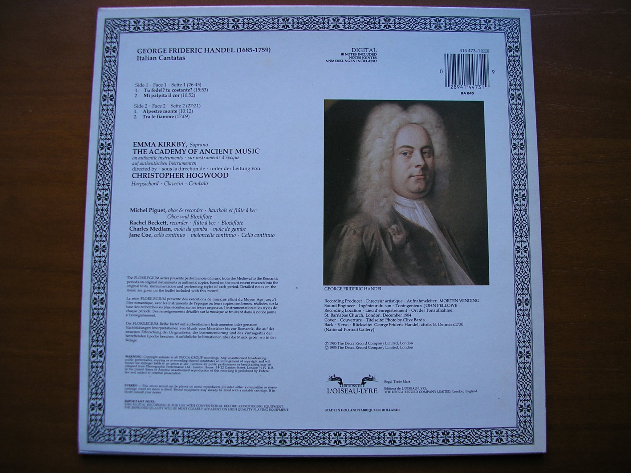 HANDEL: ITALIAN CANTATAS      KIRKBY / ACADEMY OF ANCIENT MUSIC / HOGWOOD     414 473