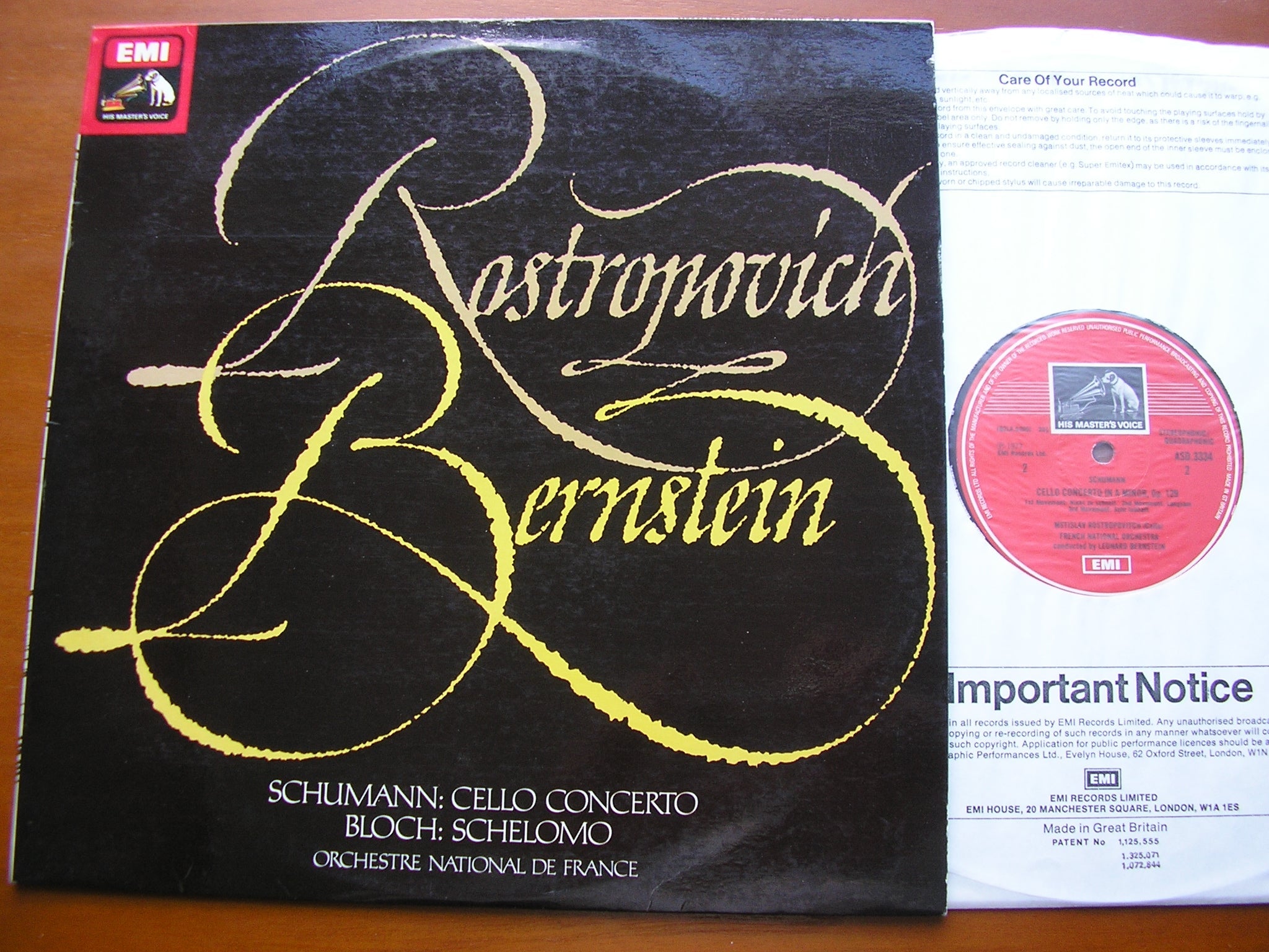 SCHUMANN: CELLO CONCERTO / BLOCH: SCHELOMO    ROSTROPOVICH / FRENCH NATIONAL ORCHESTRA / BERNSTEIN   ASD 3334