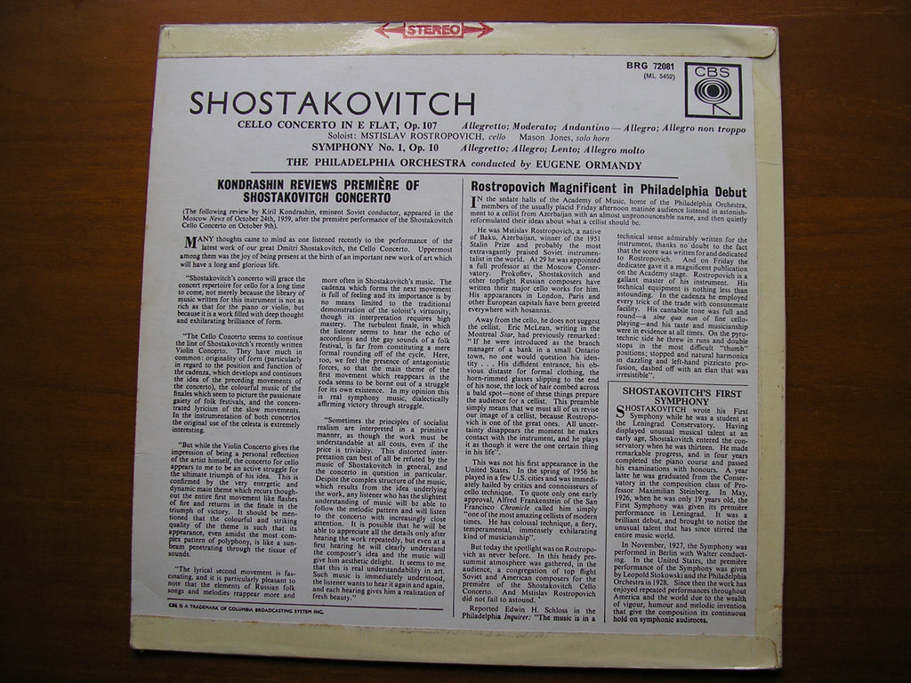 SHOSTAKOVICH: CELLO CONCERTO No. 1 / SYMPHONY No. 1    ROSTROPOVICH / PHILADELPHIA ORCHESTRA / ORMANDY   SBRG 72081