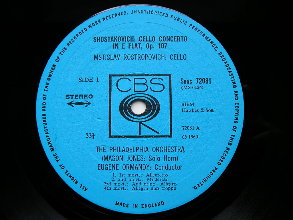 SHOSTAKOVICH: CELLO CONCERTO No. 1 / SYMPHONY No. 1    ROSTROPOVICH / PHILADELPHIA ORCHESTRA / ORMANDY   SBRG 72081