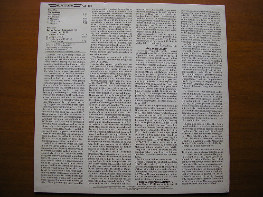 JANACEK: SINFONIETTA / TARAS BULBA     NEUMANN / CZECH PHILHARMONIC     PAD 156