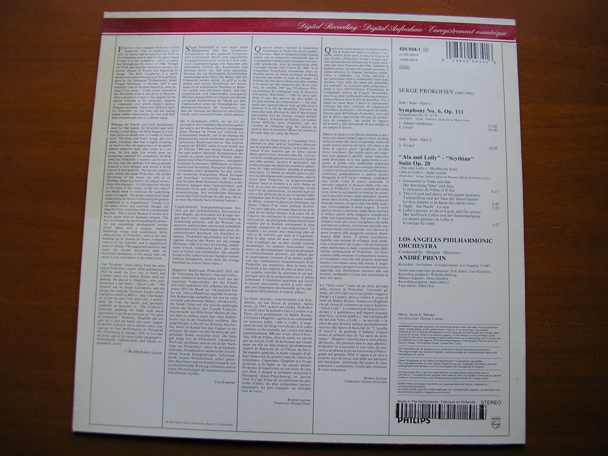 PROKOFIEV:  SYMPHONY No. 6 / SCYTHIAN SUITE     PREVIN / LOS ANGELES PHILHARMONIC    420 934