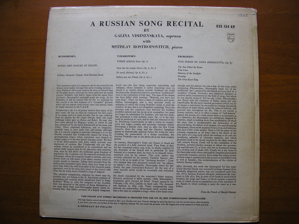 A RUSSIAN SONG RECITAL: TCHAIKOVSKY / MUSSORGSKY / PROKOFIEV     VISHNEVSKAYA / ROSTROPOVICH     835 134 AY