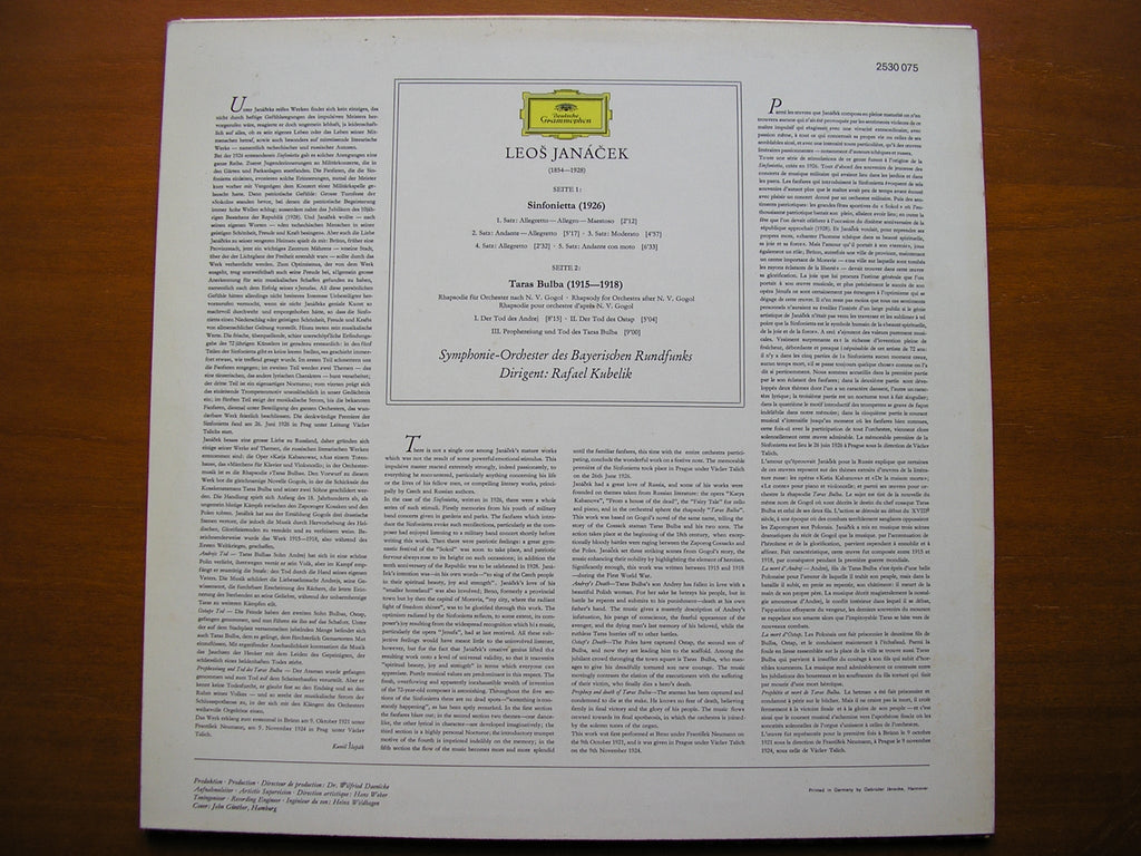 JANACEK: SINFONIETTA / TARAS BULBA     KUBELIK / BAVARIAN RADO SYMPHONY   2530 075