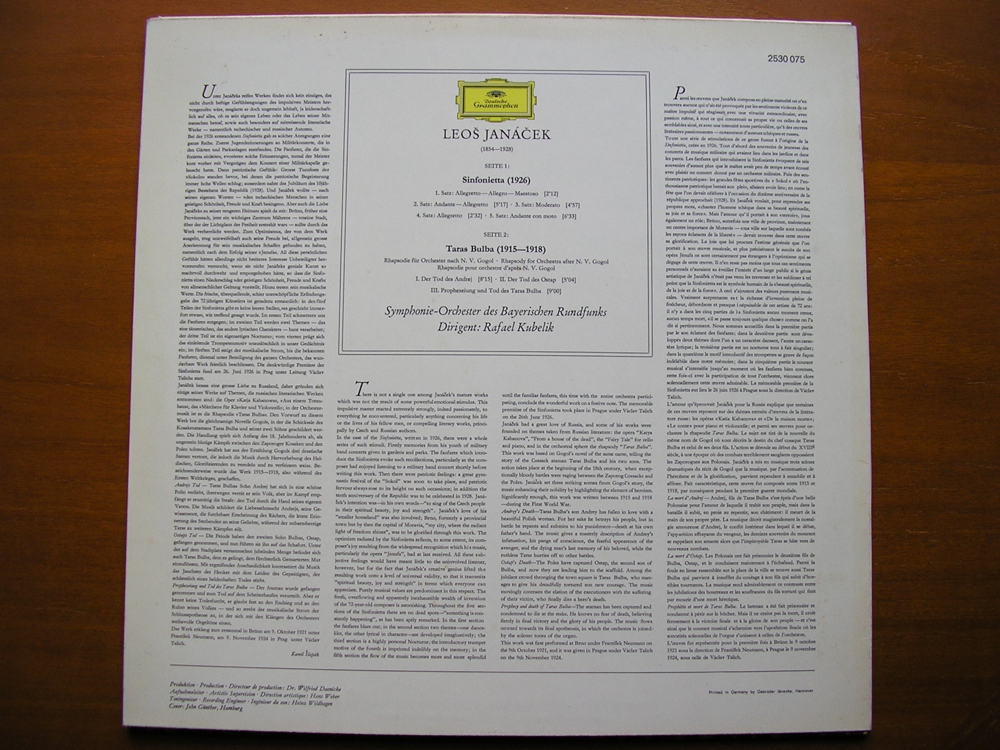 JANACEK: SINFONIETTA / TARAS BULBA     KUBELIK / BAVARIAN RADO SYMPHONY   2530 075