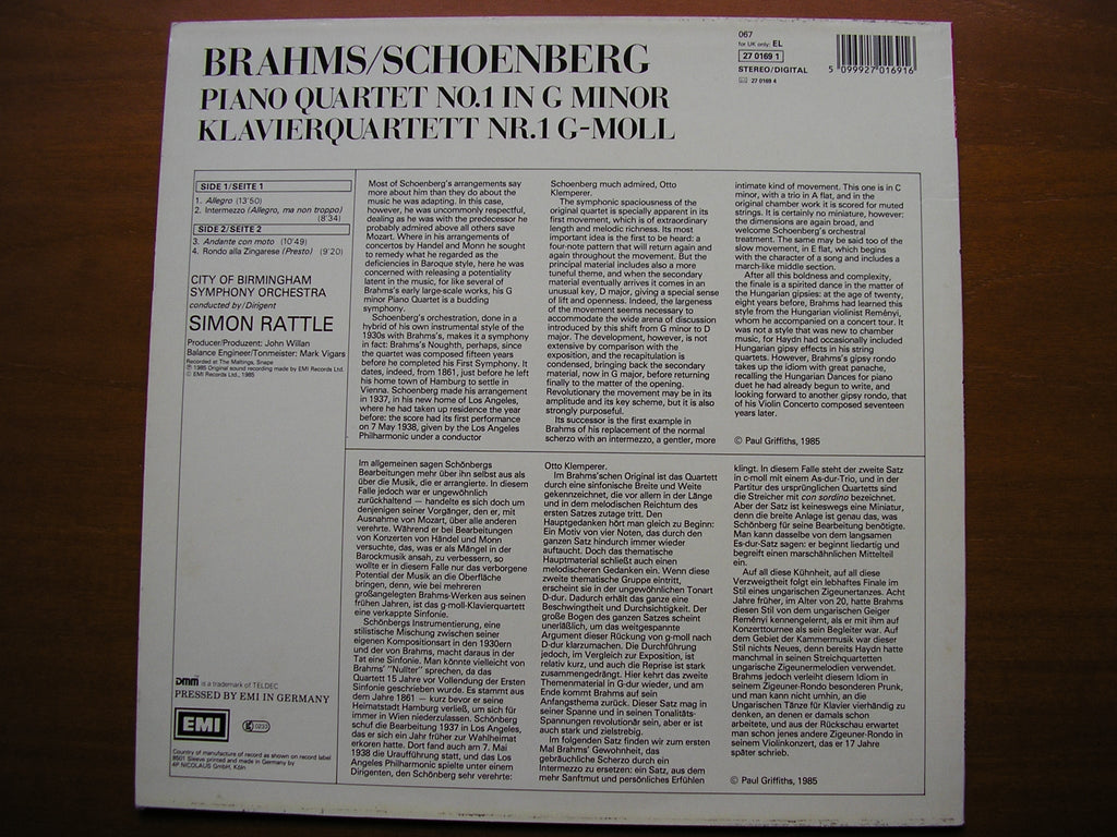 BRAHMS / SCHOENBERG: PIANO QUARTET No. 1     ORCHESTRAL ARRANGEMENT (1937)    RATTLE / CBSO     27 0169