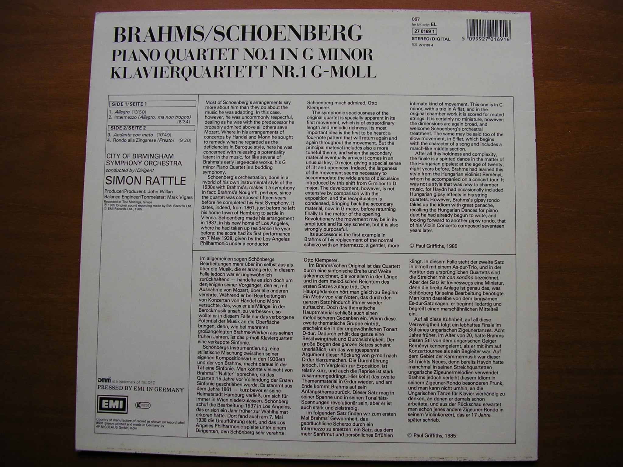 BRAHMS / SCHOENBERG: PIANO QUARTET No. 1     ORCHESTRAL ARRANGEMENT (1937)    RATTLE / CBSO     27 0169