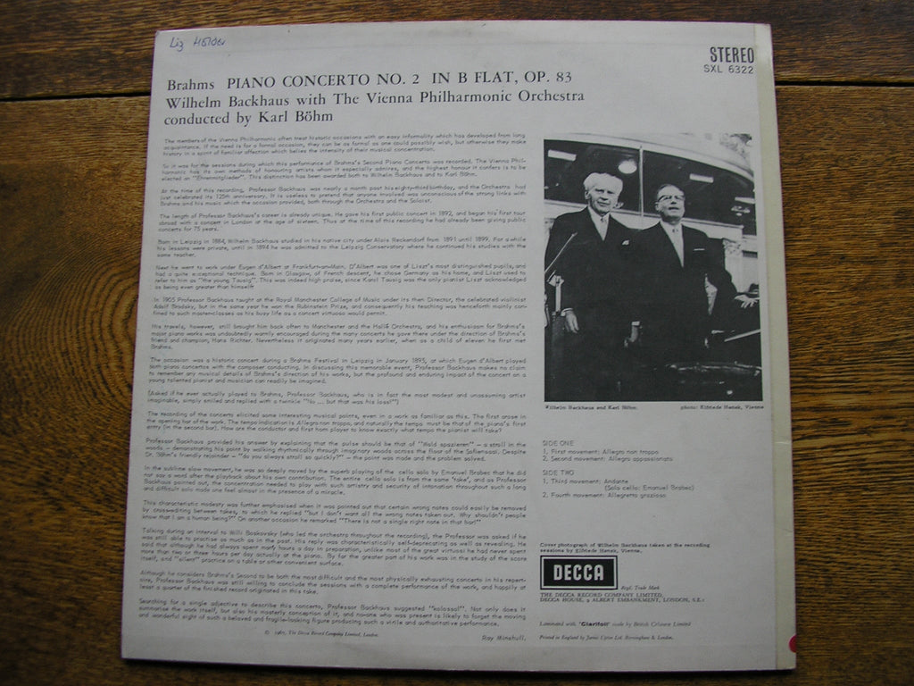 SXL 6322 BRAHMS: PIANO CONCERTO No. 2 BACKHAUS / VIENNA PHILHARMONIC / BOHM