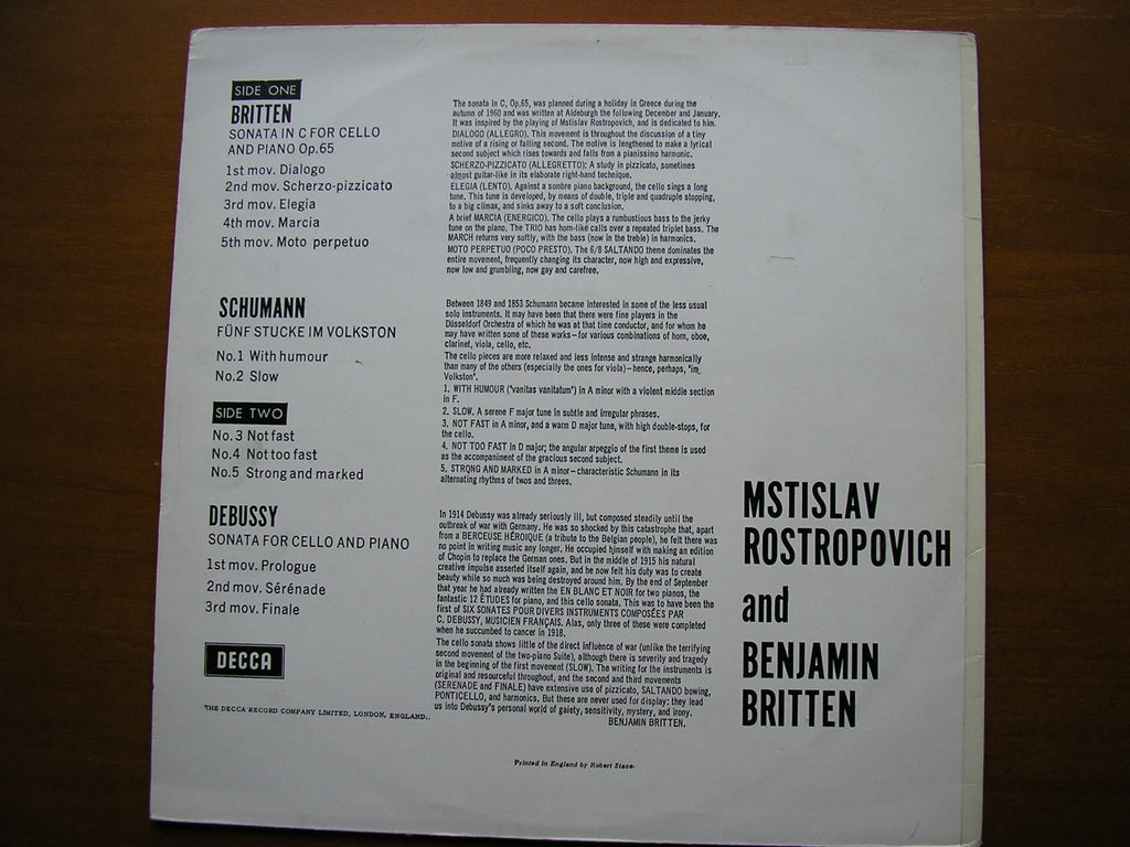 BRITTEN / DEBUSSY / SCHUMANN: MUSIC FOR CELLO & PIANO       ROSTROPOVICH / BRITTEN     SXL 2298