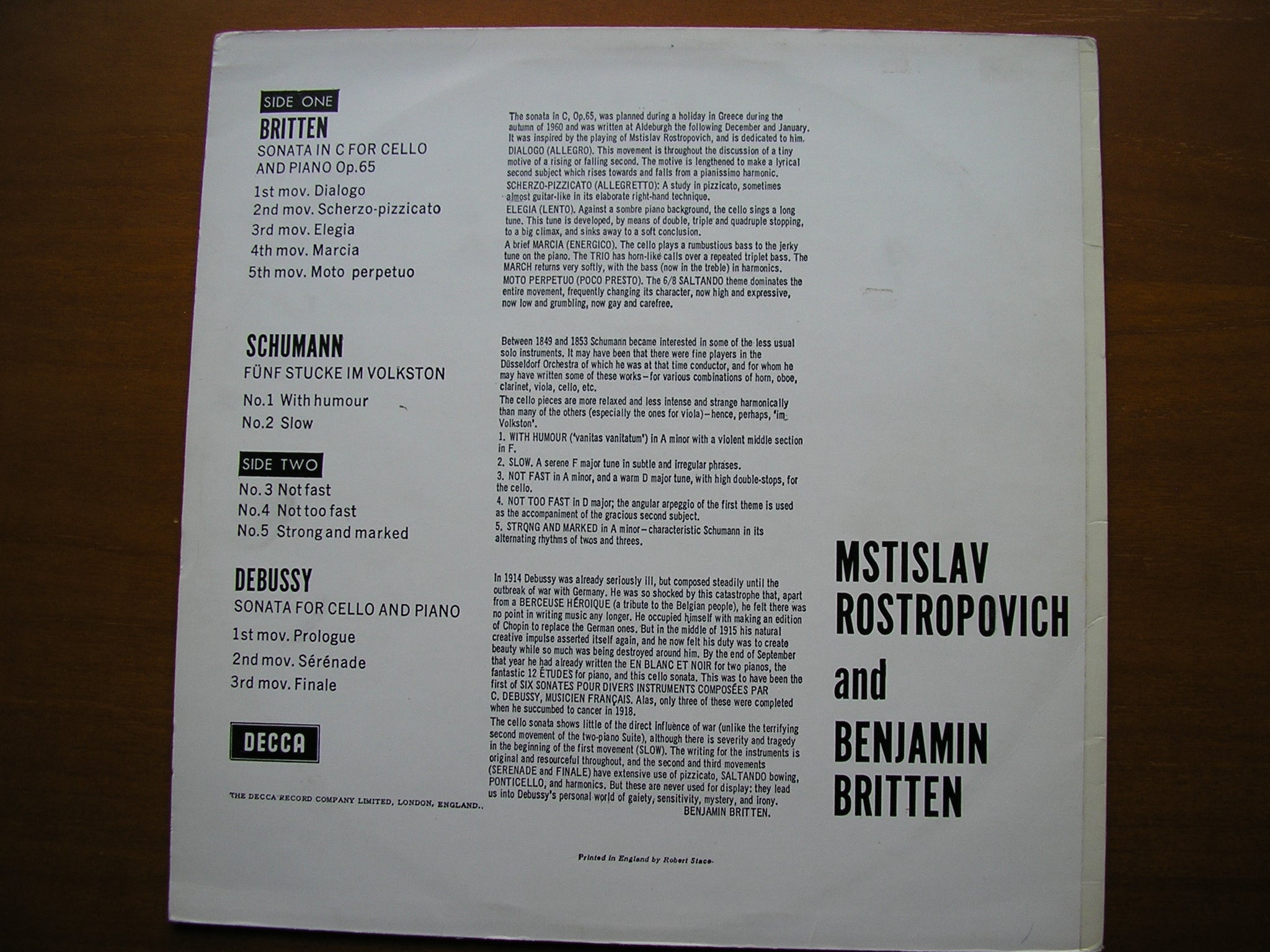 BRITTEN / DEBUSSY / SCHUMANN: MUSIC FOR CELLO & PIANO       ROSTROPOVICH / BRITTEN     SXL 2298