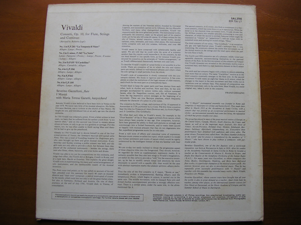 VIVALDI: FLUTE CONCERTOS Op. 10     SEVERINO GAZZELLONI / I MUSICI      SAL 3705