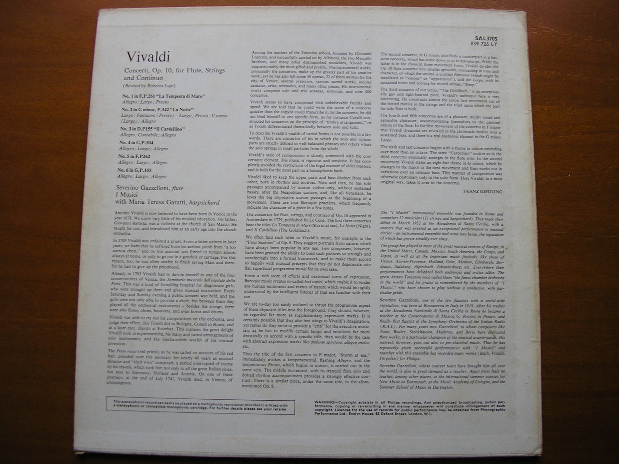 VIVALDI: FLUTE CONCERTOS Op. 10     SEVERINO GAZZELLONI / I MUSICI      SAL 3705