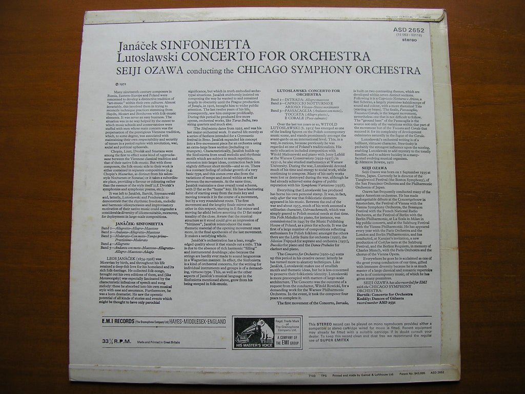JANACEK: SINFONIETTA / LUTOSLAWSKI: CONCERTO FOR ORCHESTRA    OZAWA / CHICAGO SYMPHONY     ASD 2652
