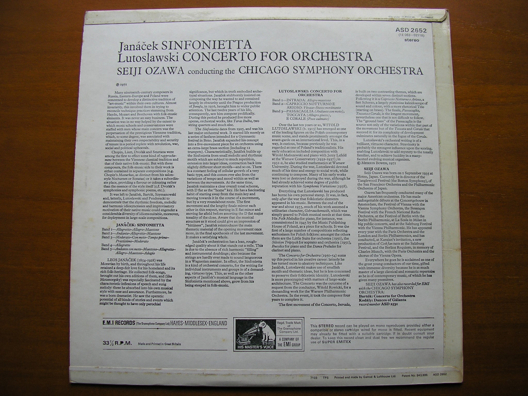 JANACEK: SINFONIETTA / LUTOSLAWSKI: CONCERTO FOR ORCHESTRA    OZAWA / CHICAGO SYMPHONY     ASD 2652