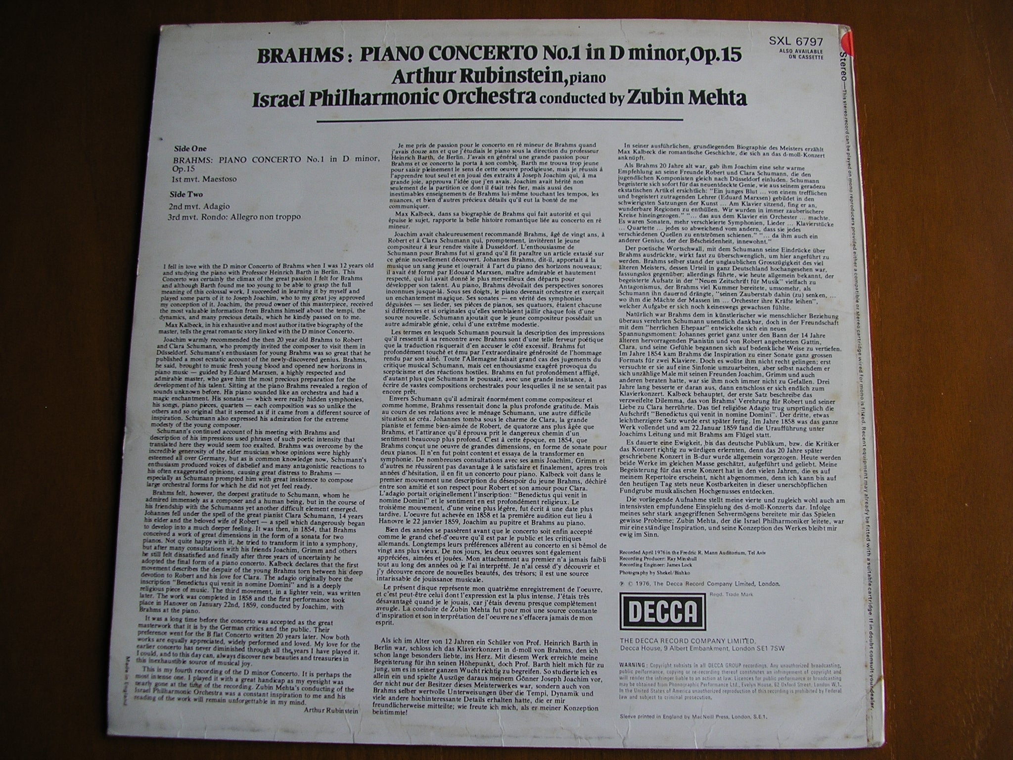 SXL 6797 BRAHMS: PIANO CONCERTO No. 1 RUBINSTEIN / ISRAEL PHILHARMONIC / MEHTA test pressing