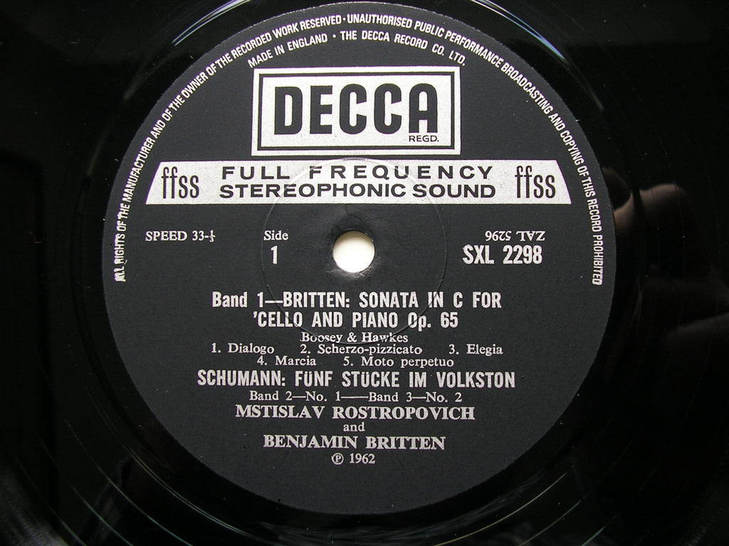 BRITTEN / DEBUSSY / SCHUMANN: MUSIC FOR CELLO & PIANO       ROSTROPOVICH / BRITTEN     SXL 2298