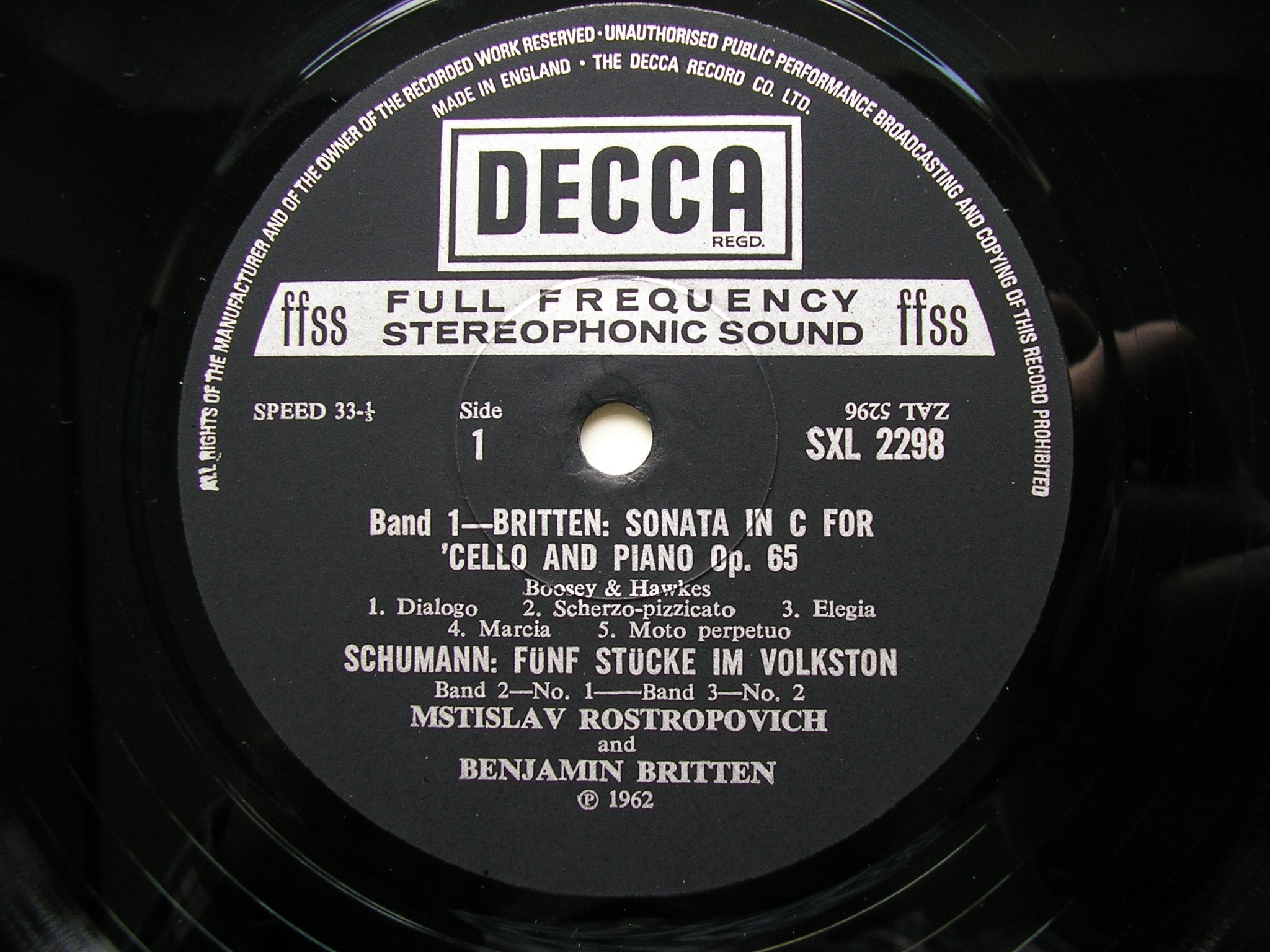 BRITTEN / DEBUSSY / SCHUMANN: MUSIC FOR CELLO & PIANO       ROSTROPOVICH / BRITTEN     SXL 2298
