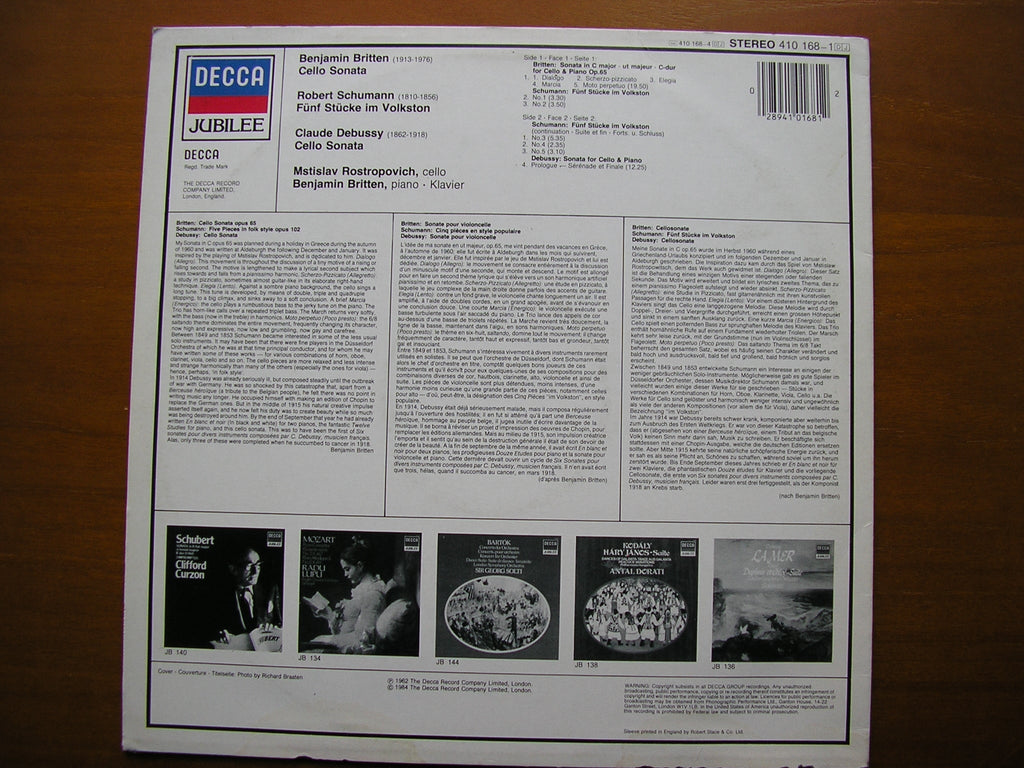 BRITTEN / DEBUSSY / SCHUMANN: MUSIC FOR CELLO & PIANO     ROSTROPOVICH / BRITTEN    410 168