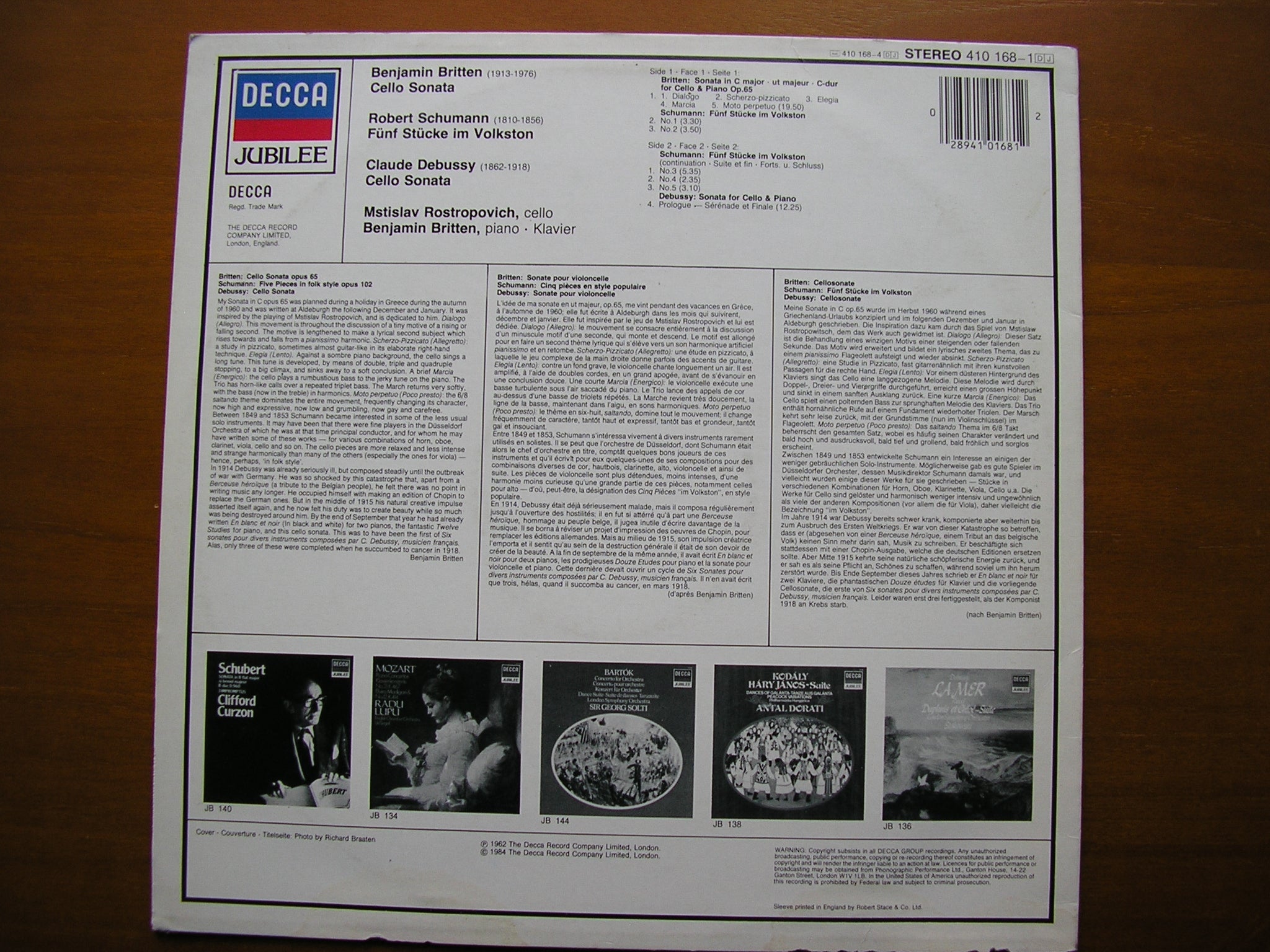 BRITTEN / DEBUSSY / SCHUMANN: MUSIC FOR CELLO & PIANO     ROSTROPOVICH / BRITTEN    410 168