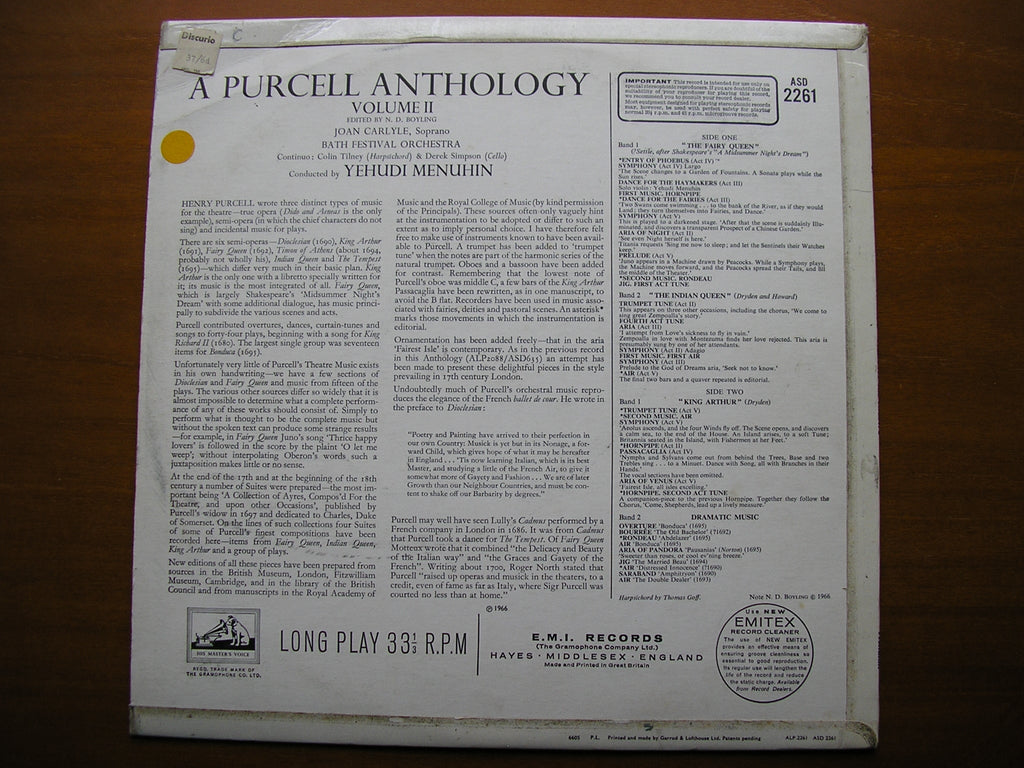 PURCELL: MUSIC FOR THE THEATRE      CARLYLE / BATH FESTIVAL ORCHESTRA / MENUHIN    ASD 2261