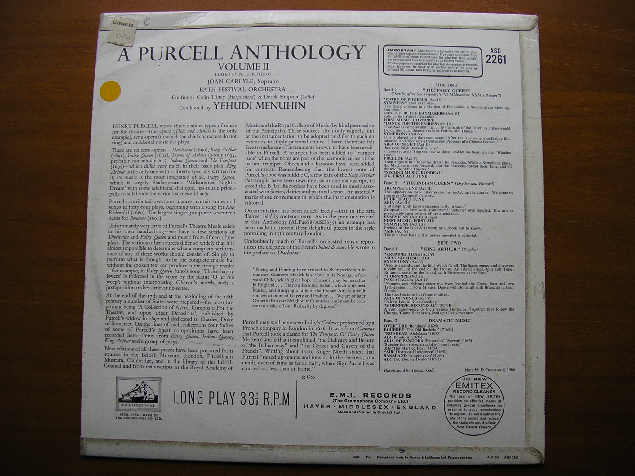 PURCELL: MUSIC FOR THE THEATRE      CARLYLE / BATH FESTIVAL ORCHESTRA / MENUHIN    ASD 2261