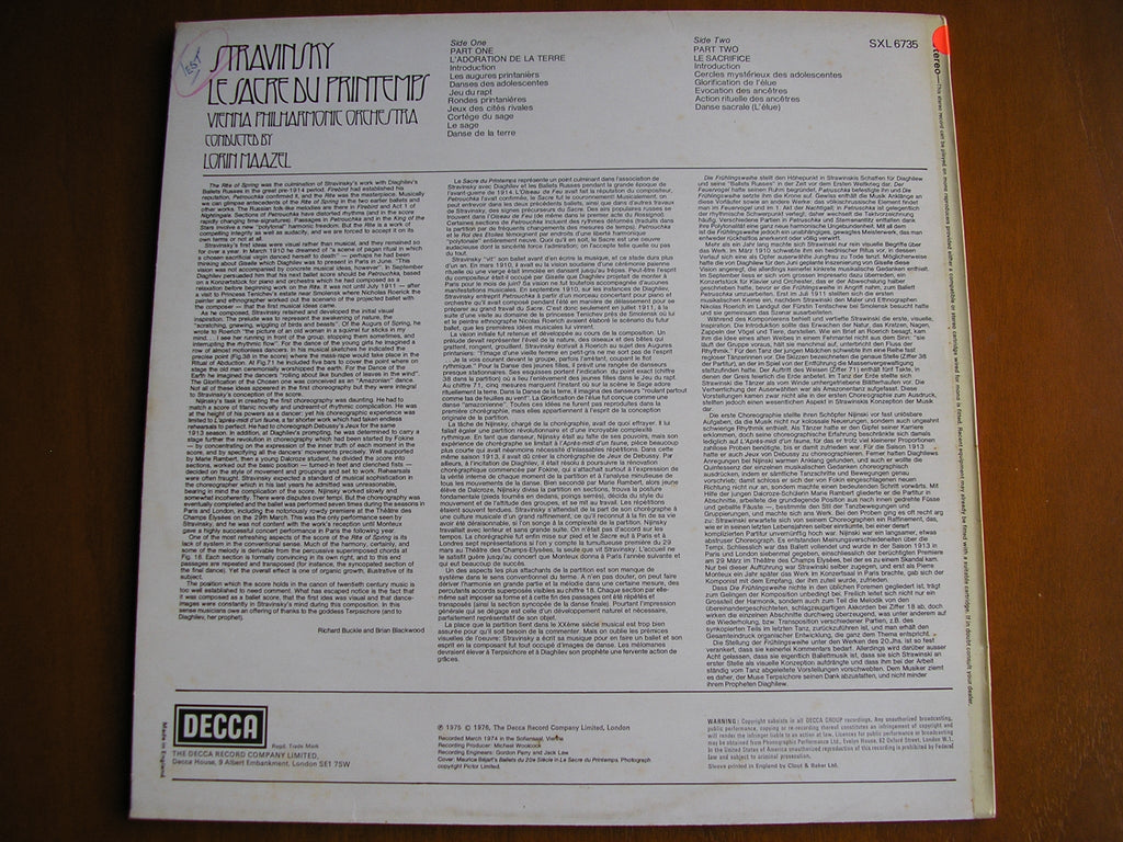 SXL 6735 STRAVINSKY: THE RITE OF SPRING MAAZEL / VIENNA PHILHARMONIC test pressing