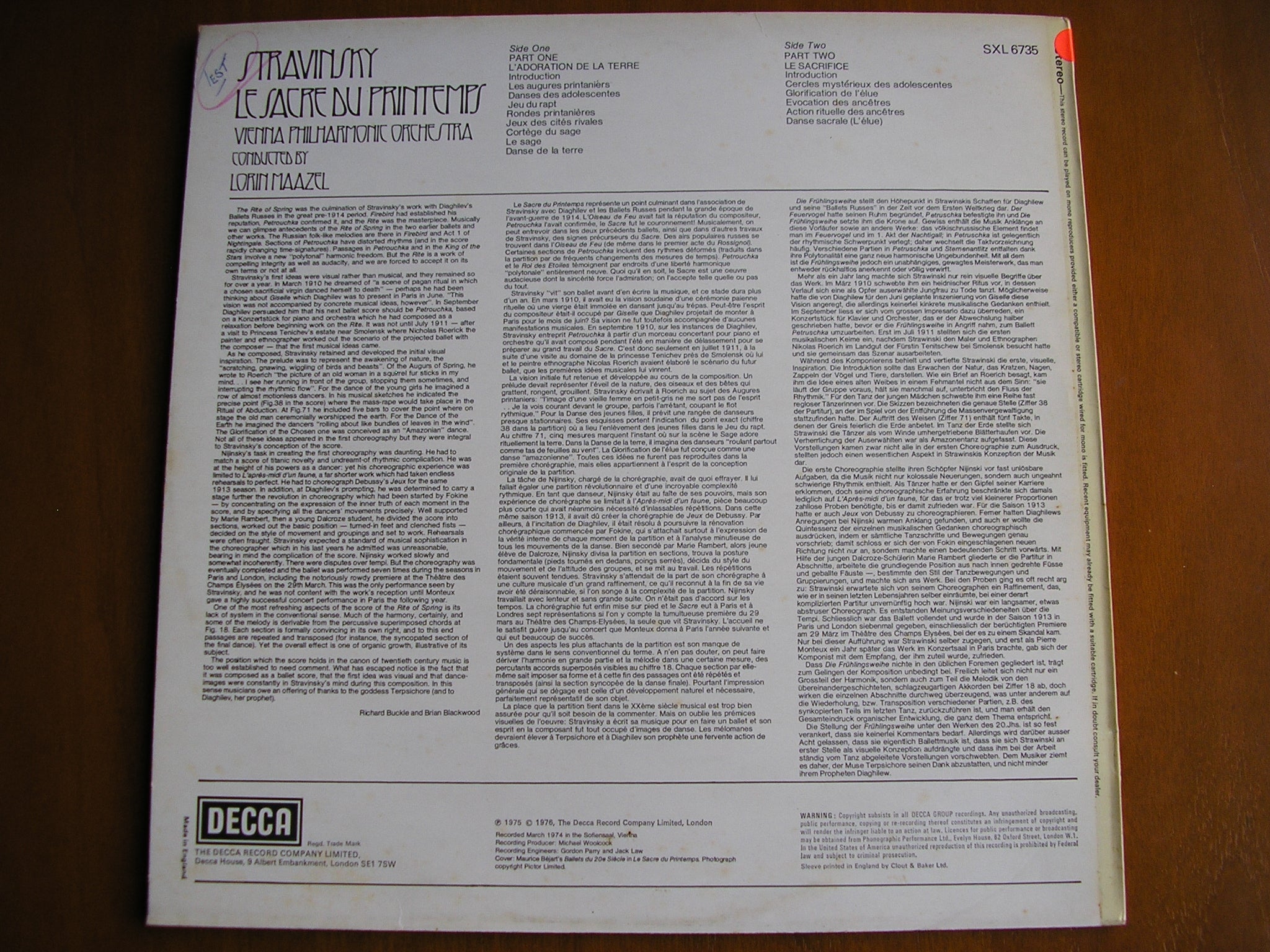 SXL 6735 STRAVINSKY: THE RITE OF SPRING MAAZEL / VIENNA PHILHARMONIC test pressing