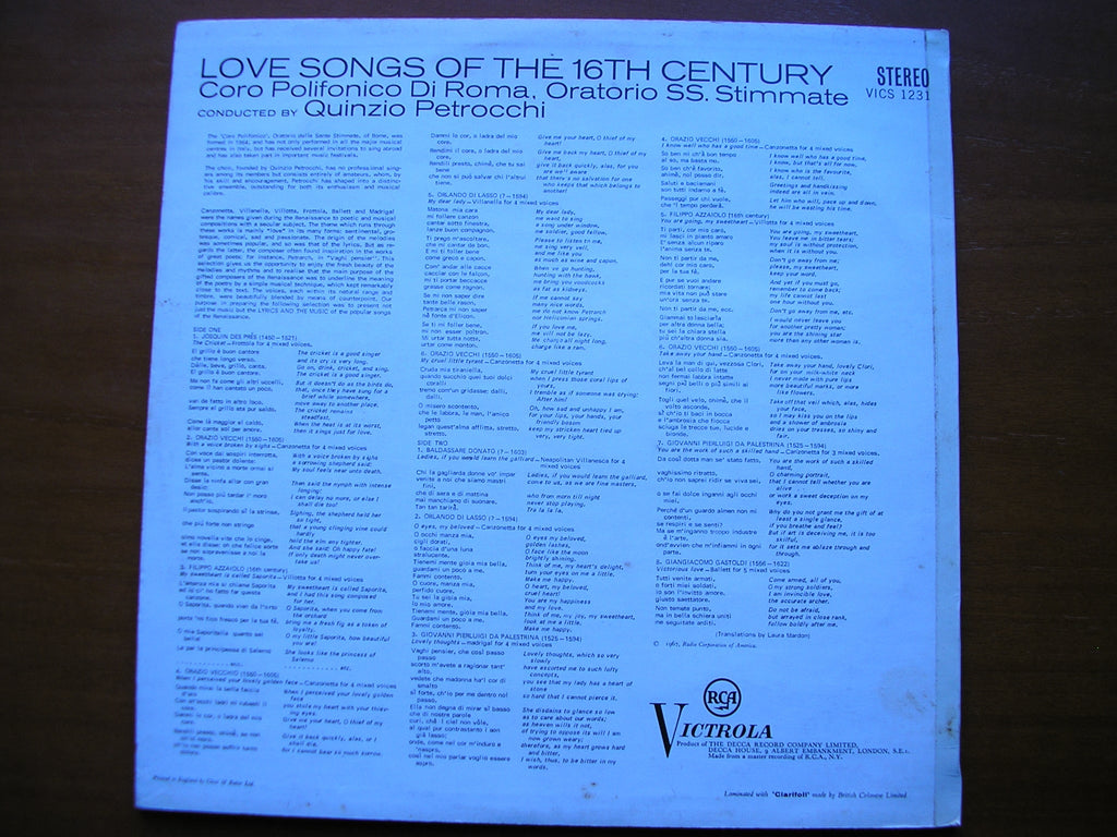 LOVE SONGS OF THE 16th CENTURY: JOSQUIN / VECCHI / DONATO /  DI LASSO / PALESTRINA / GASTOLDI     CHOIR / PETROCCHI     VICS 1231