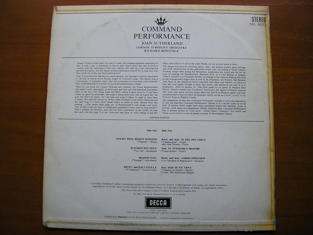 SXL 6073  COMMAND PERFORMANCE Volume 1: OPERA ARIAS      JOAN SUTHERLAND / LONDON SYMPHONY / BONYNGE      ED1