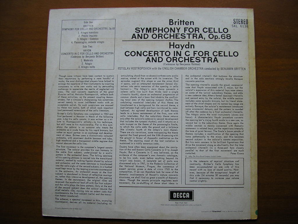 BRITTEN: CELLO SYMPHONY Op. 68 / HAYDN: CELLO CONCERTO in C      ROSTROPOVICH / ECO / BRITTEN     SXL 6138