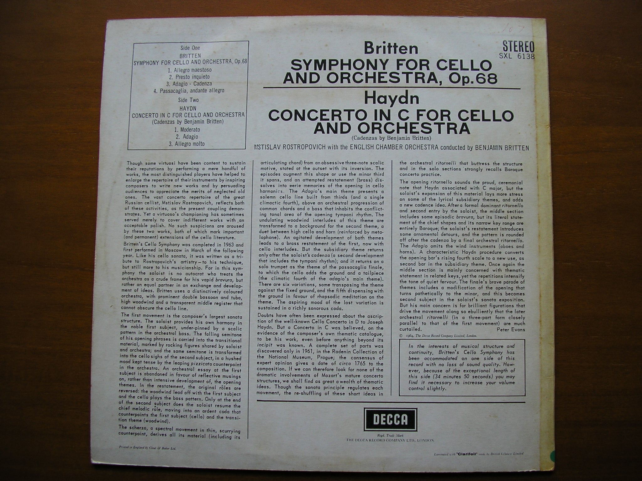 BRITTEN: CELLO SYMPHONY Op. 68 / HAYDN: CELLO CONCERTO in C      ROSTROPOVICH / ECO / BRITTEN     SXL 6138
