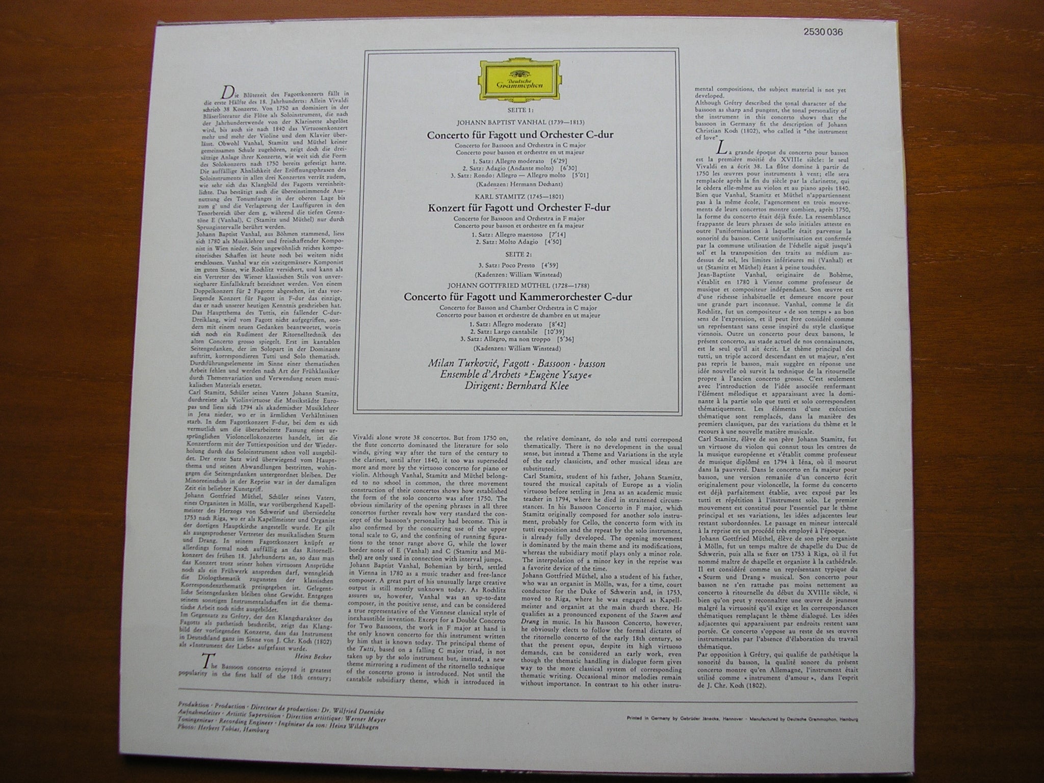 BASSOON CONCERTOS: VANHAL / STAMITZ / MUTHEL     TURKOVIC / YSAYE STRING ENSEMBLE / KLEE    2530 036