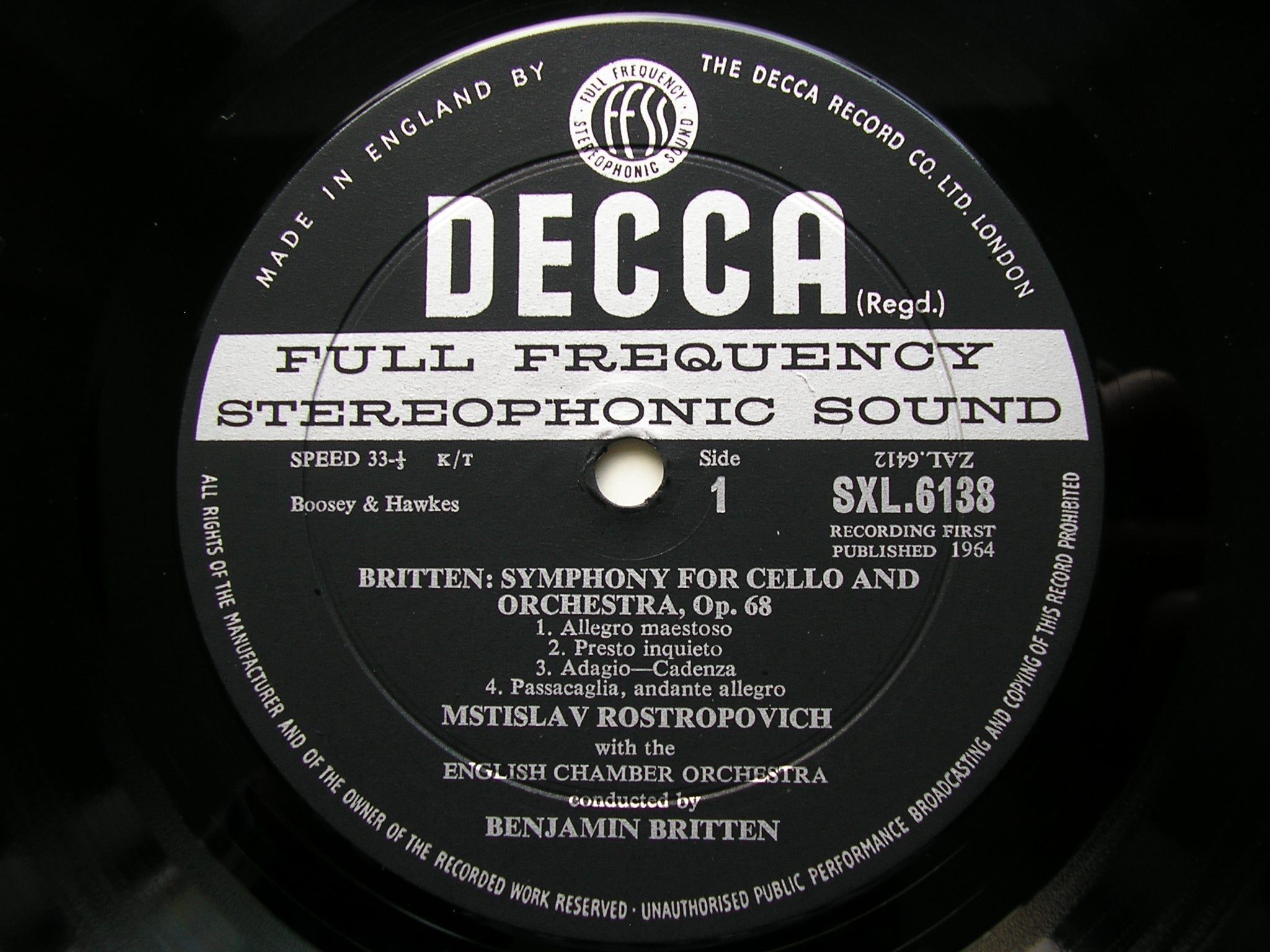 BRITTEN: CELLO SYMPHONY Op. 68 / HAYDN: CELLO CONCERTO in C      ROSTROPOVICH / ECO / BRITTEN     SXL 6138