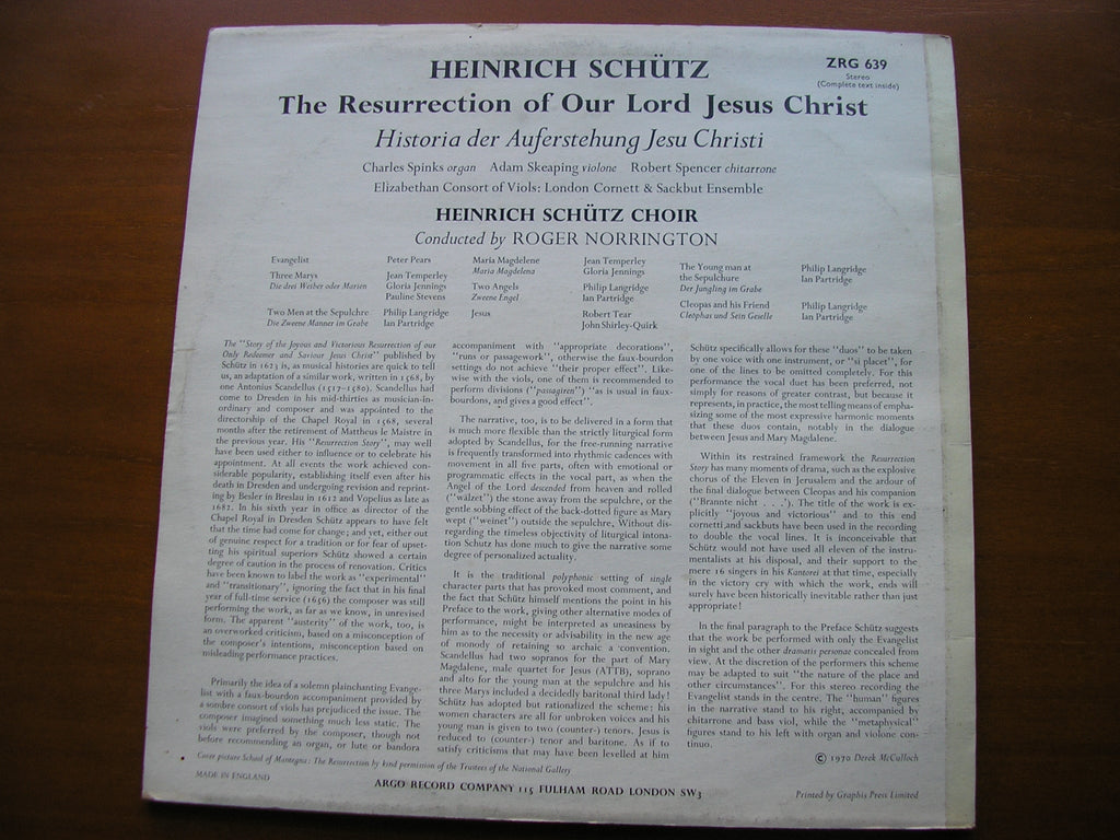 SCHUTZ: THE RESURRECTION      SOLOISTS /HEINRICH SCHUTZ CHOIR / NORRINGTON      ZRG 639
