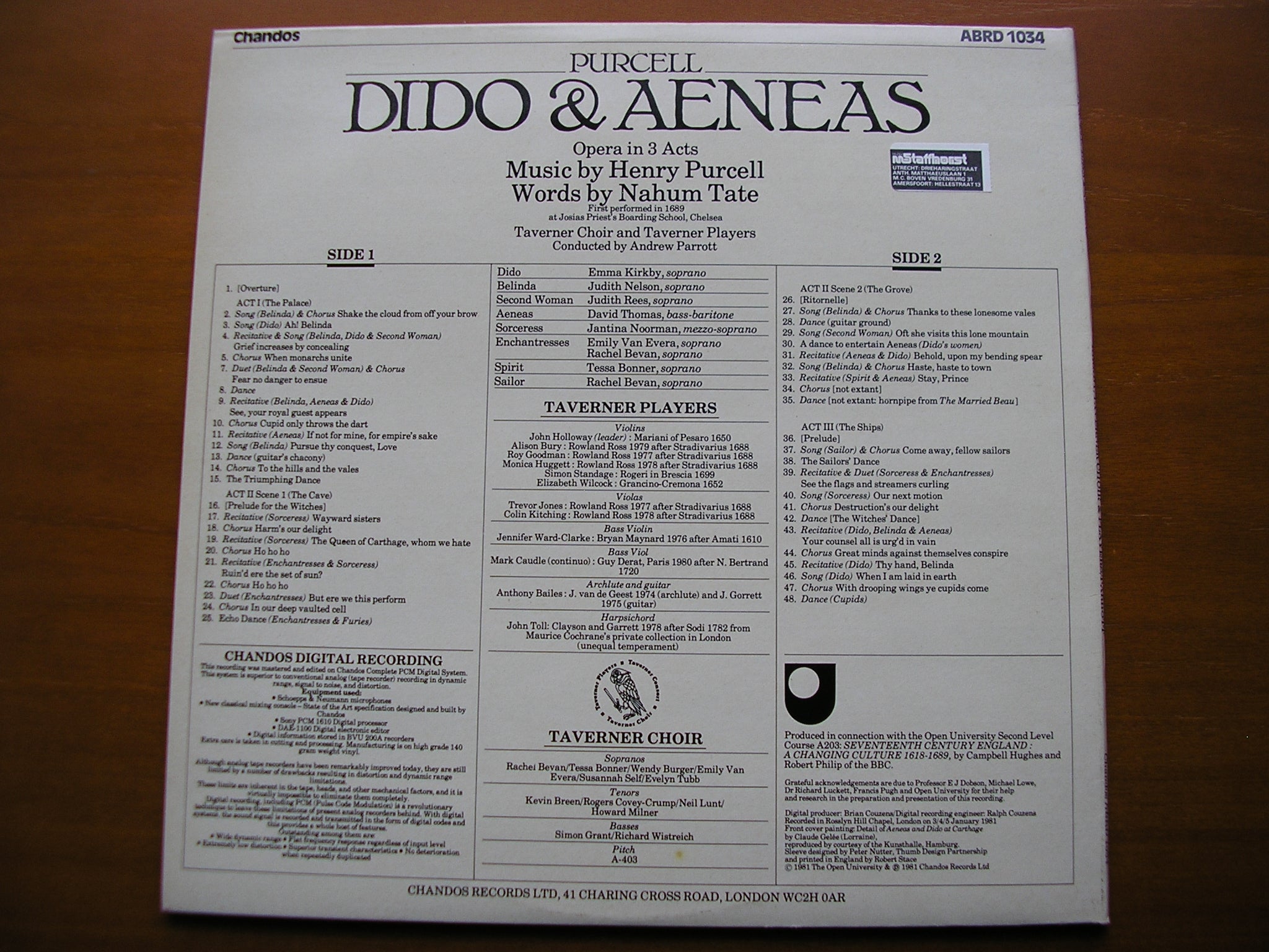PURCELL: DIDO & AENEAS (1689)   KIRKBY /NELSON / THOMAS / TAVERNER PLAYERS / PARROTT    ABRD  1034    ABRD 1034