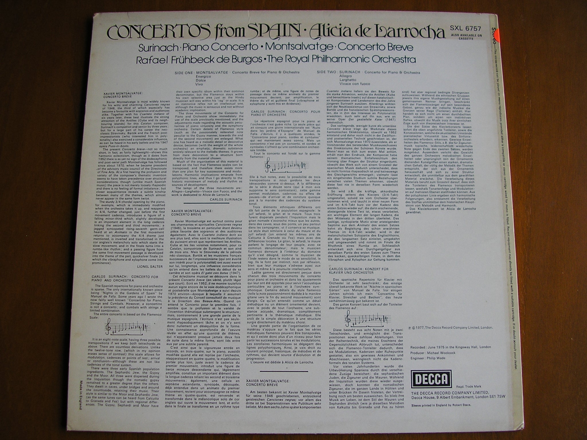 SXL 6757 CONCERTOS FROM SPAIN: MONTSALVAGE Concerto Breve / SURINACH Piano Concerto LARROCHA / ROYAL PHILHARMONIC / DE BURGOS test pressing