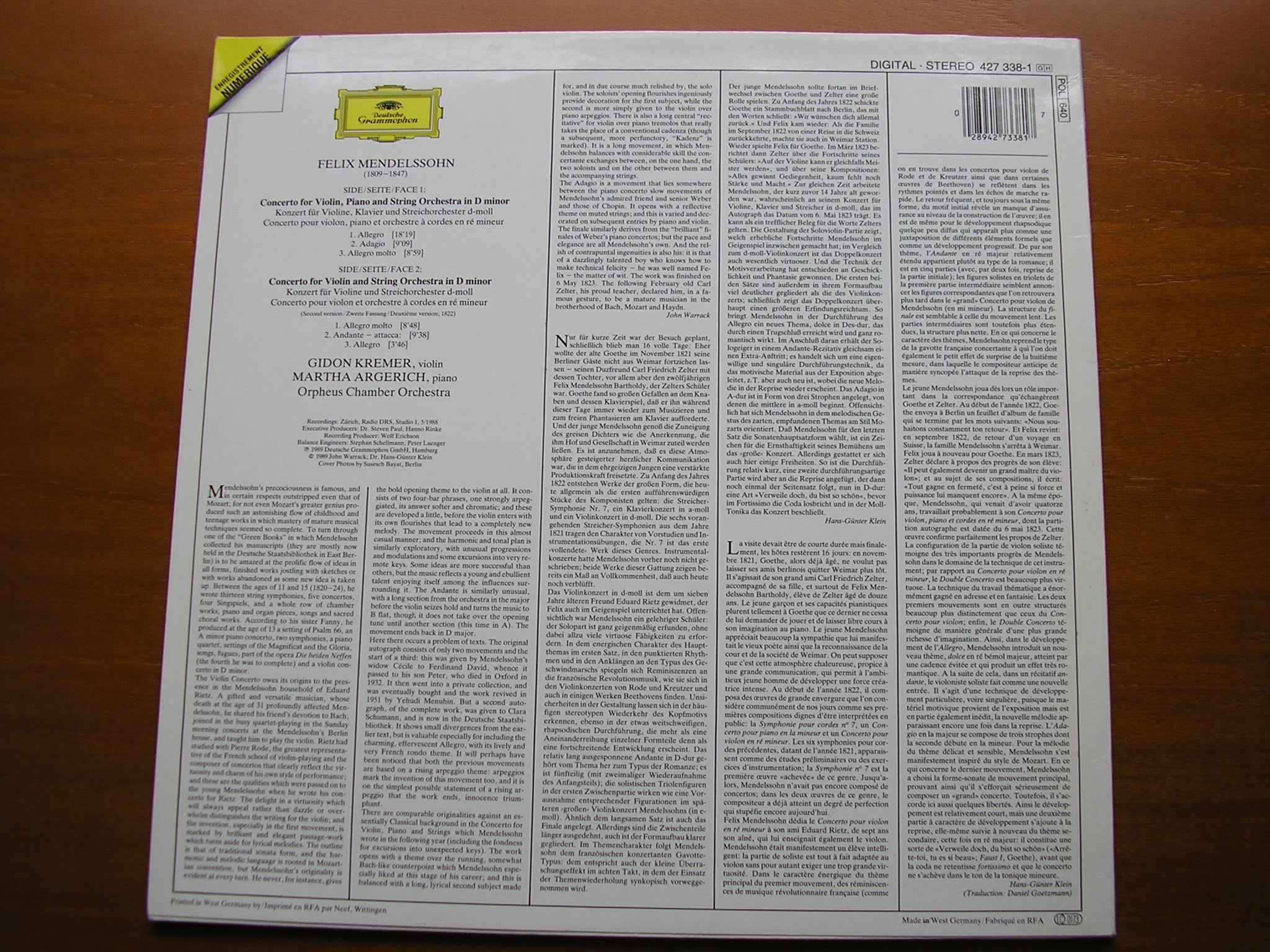 MENDELSSOHN: CONCERTO FOR VIOLIN & PIANO / VIOLIN CONCERTO    KREMER / ARGERICH / ORPHEUS CHAMBER ORCHESTRA   427 338