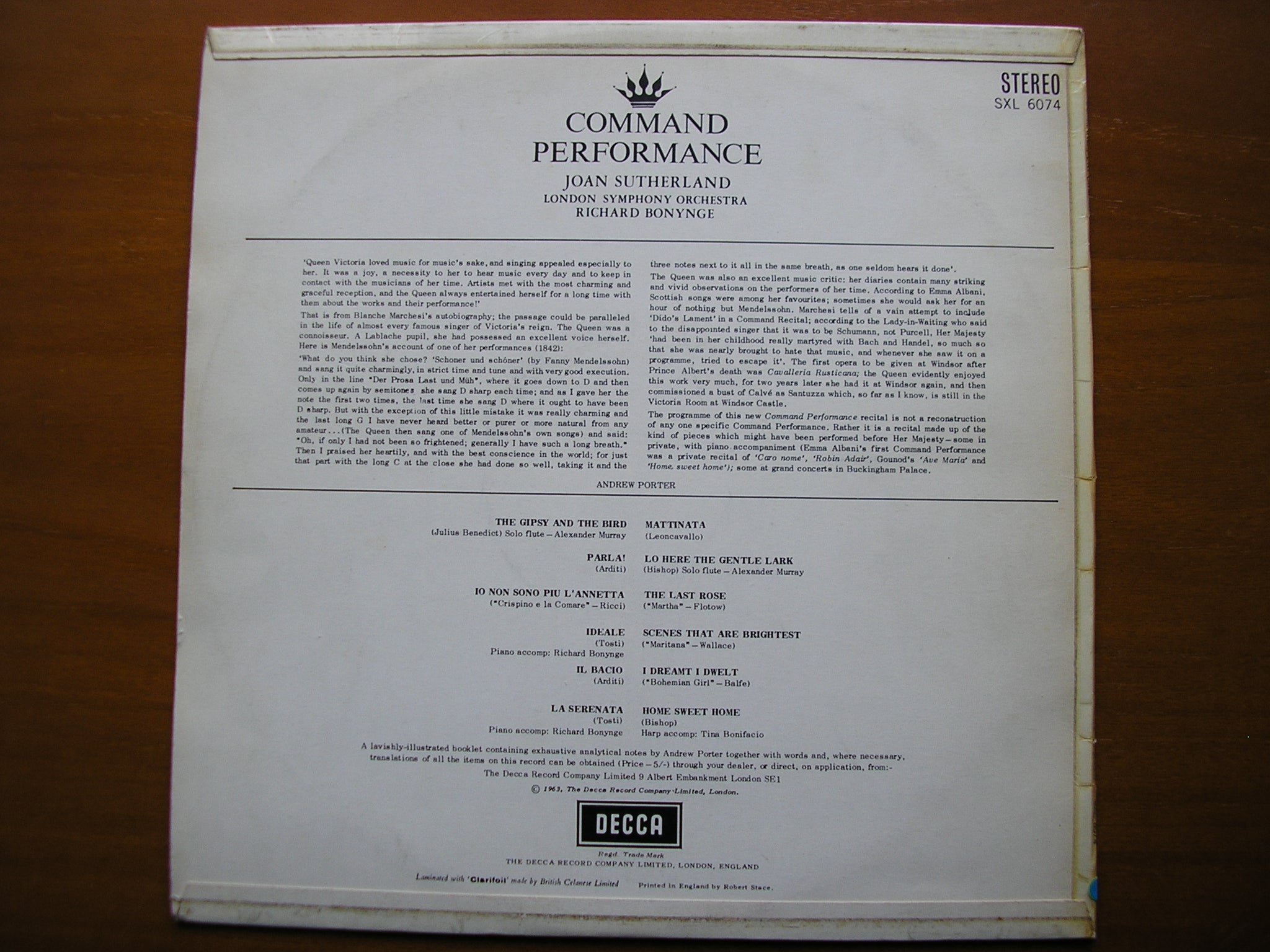 SXL 6074  COMMAND PERFORMANCE Volume 2:  ARIAS & SONGS      JOAN SUTHERLAND / LONDON SYMPHONY / BONYNGE    ED1