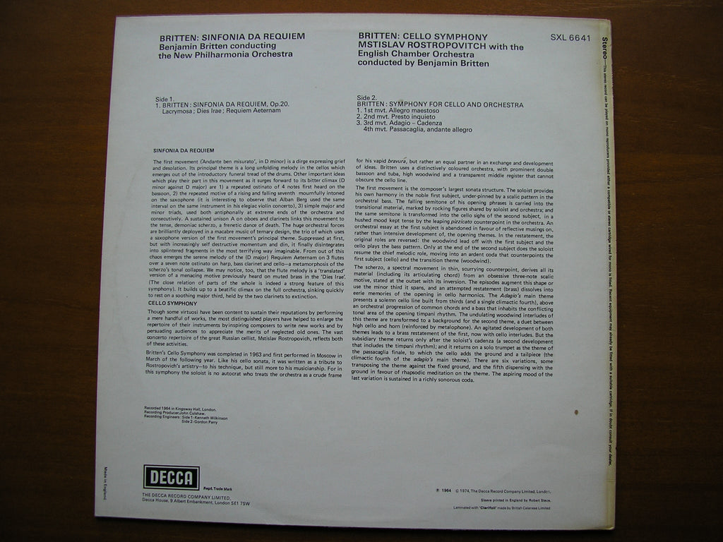 BRITTEN: CELLO SYMPHONY Op. 68 / SINFONIA DA REQUIEM     ROSTROPOVICH / ECO / NPO / BRITTEN    SXL 6641