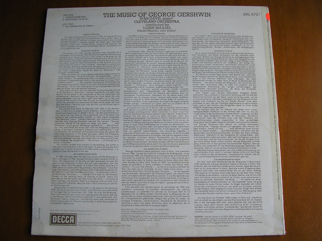 SXL 6727 GERSHWIN: CUBAN OVERTURE / RHAPSODY IN BLUE / AN AMERICAN IN PARIS DAVIS / CLEVELAND ORCHESTRA / MAAZEL test pressing