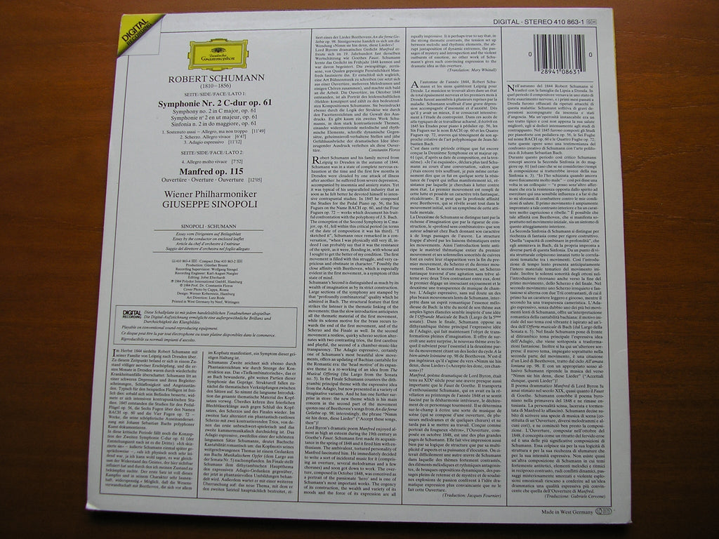 SCHUMANN: SYMPHONY No. 2 / MANFRED OVERTURE     SINOPOLI / VIENNA PHILHARMONIC    410 863