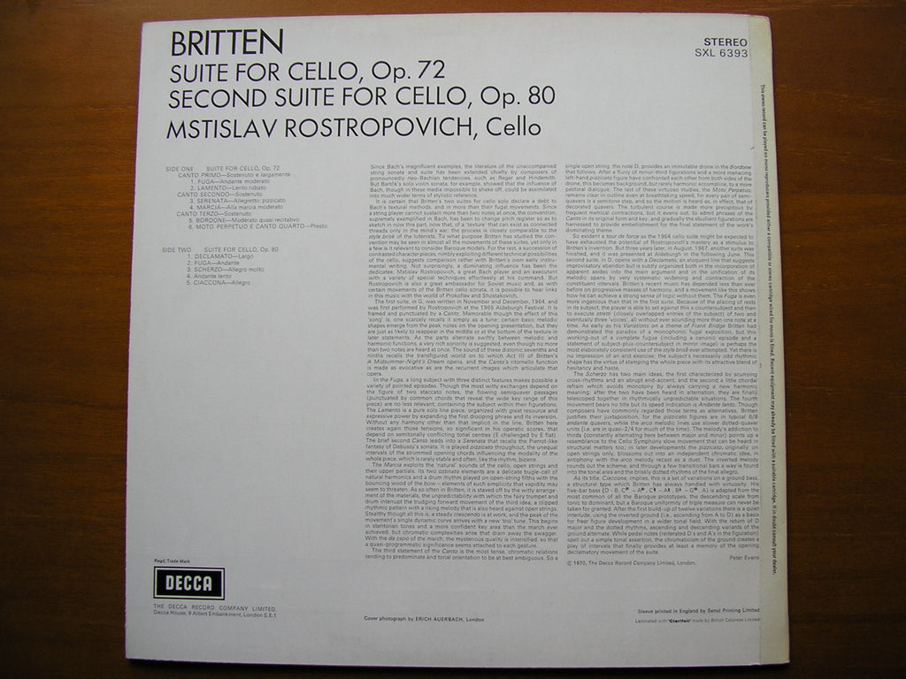 BRITTEN: THE SUITES FOR CELLO     MSTISLAV ROSTROPOVICH      SXL 6393