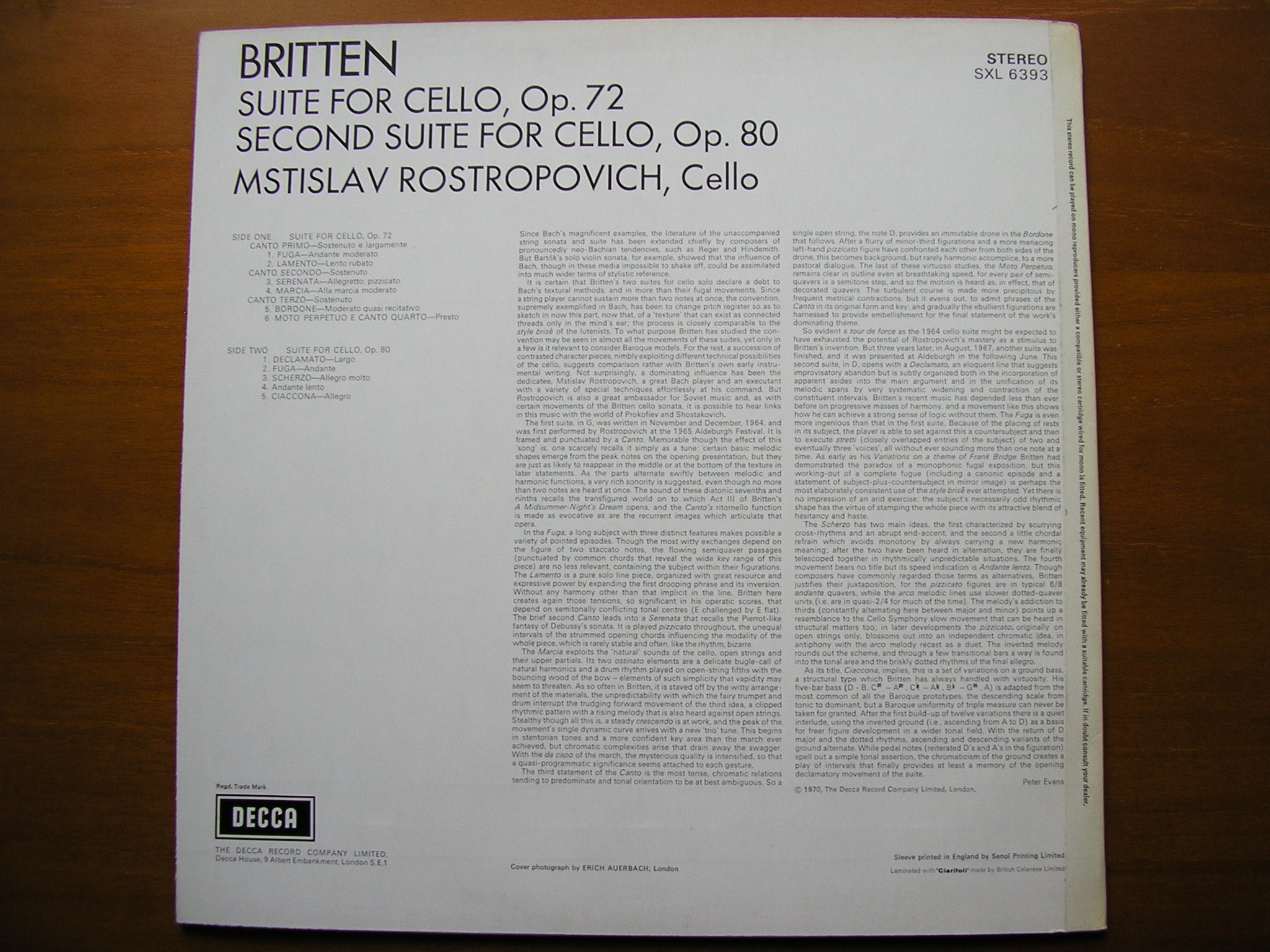 BRITTEN: THE SUITES FOR CELLO     MSTISLAV ROSTROPOVICH      SXL 6393