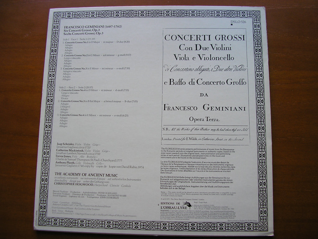 GEMINIANI: SIX CONCERTI GROSSI Op. 3       HOGWOOD / THE ACADEMY OF ANCIENT MUSIC     DSLO 526